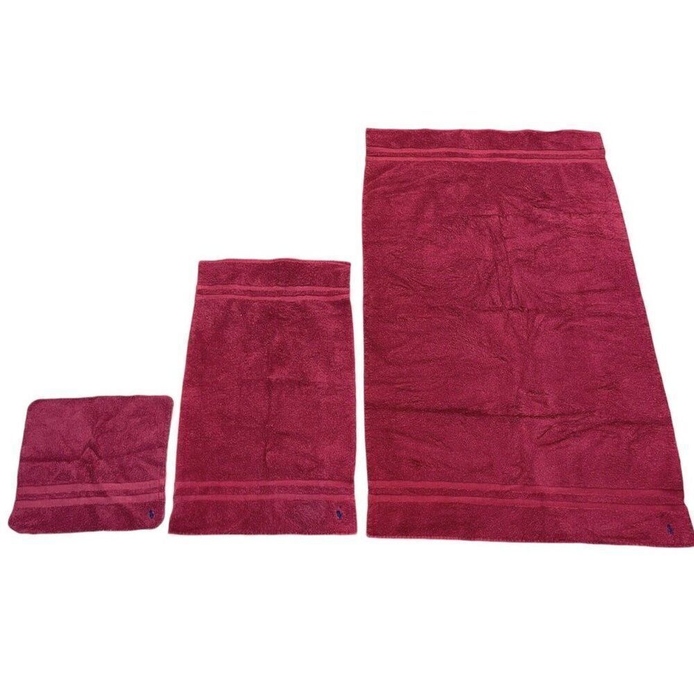 Vintage 1990s Ralph Lauren Red Cotton Towel Set 3 Bath Body Hand Washcloth USA